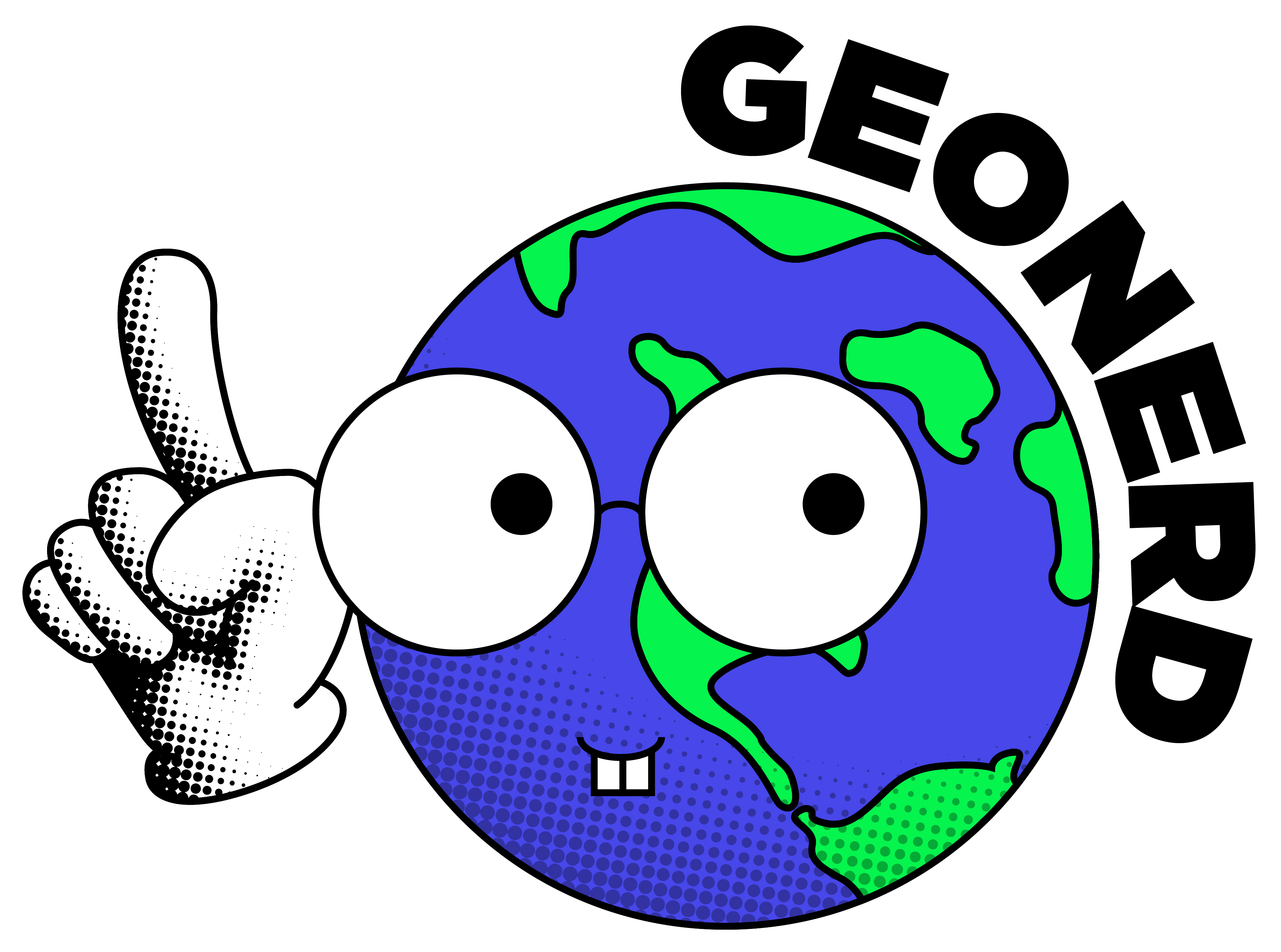 Logo du site GEONERD, une planète avec des yeux et un doigt levé en mode 'actually' 